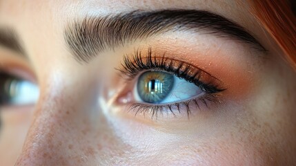Close-up woman's eye, makeup, sunlight, freckles, beauty