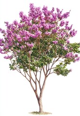 Fototapeta premium A flowering tree with vibrant pink blossoms and green leaves