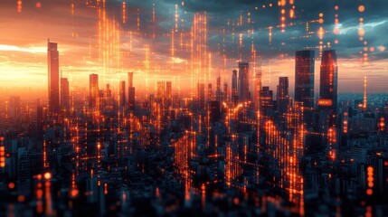 Futuristic City Skyline at Sunset with Financial Data Overlays and Cyberpunk Style