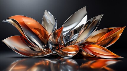 Abstract metal flower sculpture with orange and silver petals on a black background.