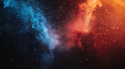 Naklejka premium Cosmic Dance: A mesmerizing abstract image of vibrant blue and orange powder clouds colliding against a dark backdrop, creating a stunning visual spectacle of color and energy.