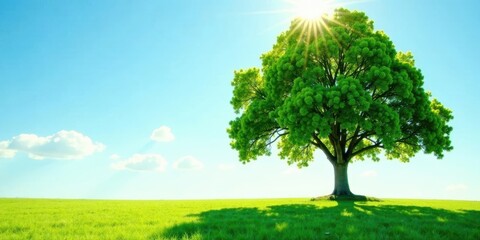 A majestic, vibrant green tree stands alone in a sun-drenched field, casting a long shadow on the lush grass under a clear blue sky with fluffy white clouds.