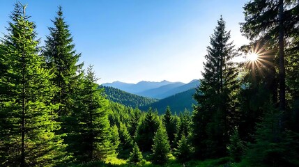 Majestic Mountain Sunrise Through Lush Evergreen Forest