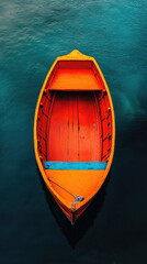 Obraz premium Vibrant Orange Wooden Boat on Tranquil Blue Water - Ideal for Travel and Lifestyle Themes
