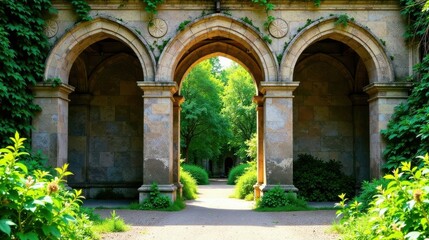 Serene Stone Archway Pathway Through Lush Greenery, Inviting Tranquil Exploration in a Peaceful Garden Setting