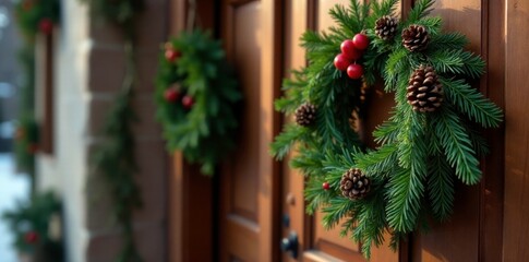 Mistletoe and pinecones draped over a wooden door, evergreen, decoration, winter