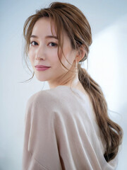 自然で柔らかい茶色の長い髪を持つ日本人女性のクローズアップショット
