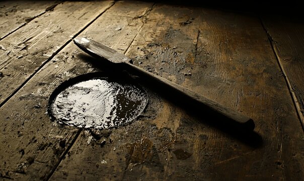 Antique wooden spatula on stained plank table with knothole and spill