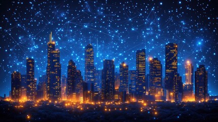 Obraz premium City skyline with glowing lines connecting buildings, representing digital network or connectivity at night.