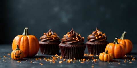 Delicious chocolate cupcakes with festive orange sprinkles and miniature pumpkins make a delightful autumnal treat.