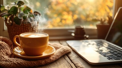 Autumn morning coffee, laptop, window, cozy home, work from home