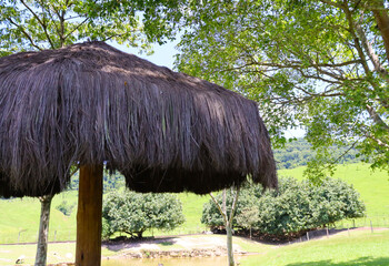 A straw kiosk with a landscape in the background on a summer day in Itaboraí, Rio de Janeiro.