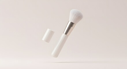 Elegant White Makeup Brush and Cap in Mid-Air