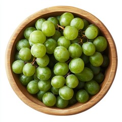 Green grapes in a wooden bowl, fresh and juicy.