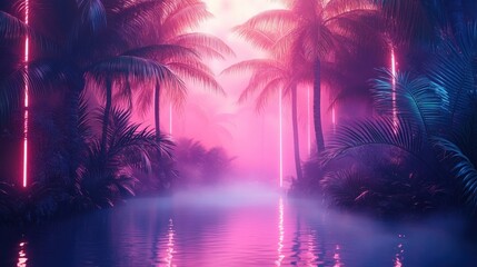Neon Jungle Scene with Palm Trees and Tranquil Water in Surreal Retro Style