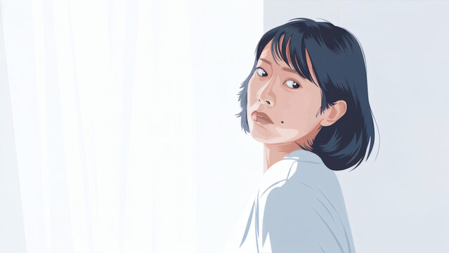 疑いの表情を浮かべ、わずかに首を傾げる日本人女性、コピースペース