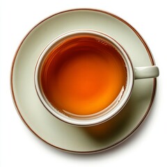 A warm cup of tea on a saucer, overhead view.