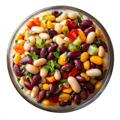 Colorful three bean salad in glass bowl