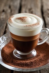 A layered coffee drink topped with foam and cocoa powder, served on a wooden table.