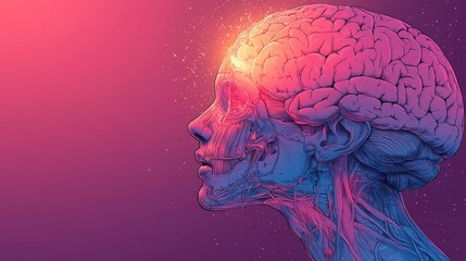 Obraz premium Anatomical illustration of a human head with a focus on the brain, showcasing neural connections and vibrant colors