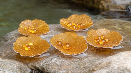 Five golden spheres resting on delicate, translucent leaves arranged on a gray, wet rock near a stream of water.