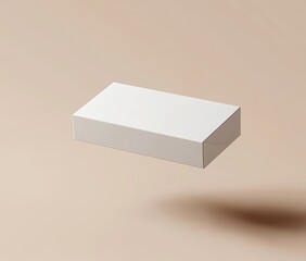 Floating white rectangular box mockup on beige background.