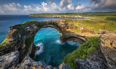 Broken Beach, Nusa Penida Natural rock arch over turquoise ocean, coastline view, sunny