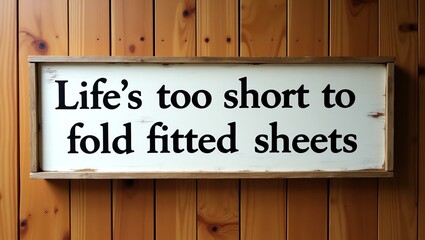 life's too short to fold fitted sheets is displayed in minimalist lettering on a distressed vintage wood signboard