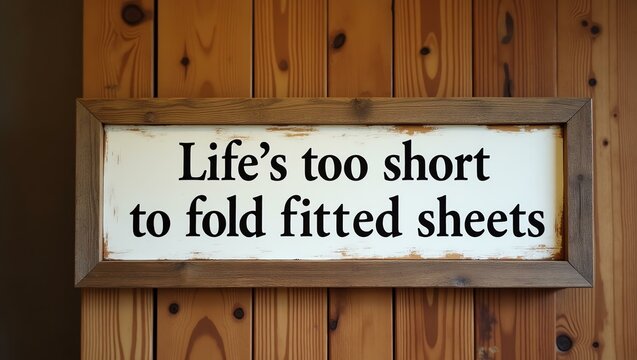 life's too short to fold fitted sheets is displayed in minimalist lettering on a distressed vintage wood signboard