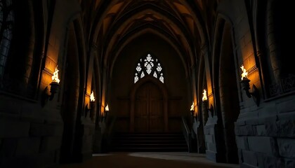 Dark Gothic Hallway Leading to a Grand Door