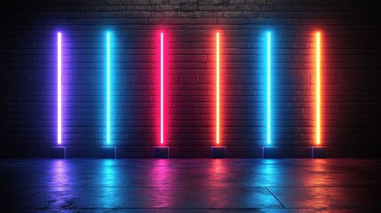 Five vibrant neon lights in different colors illuminate a dark brick wall, casting reflections on the wet concrete floor.