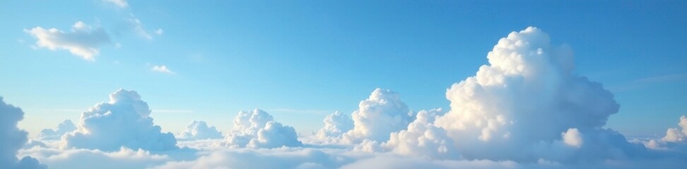 Fototapeta premium Cumulus clouds scattered across a brilliant blue sky with just a few wispy strands of cirrus at dawn, cirrus clouds, cloud types, cumulus clouds
