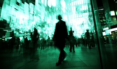 Businessman walking through crowded urban space with green digital art installation