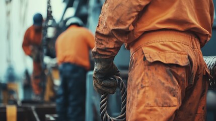 Fototapeta premium A man in an orange jumpsuit is holding a rope