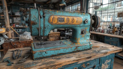Antique teal sewing machine on a rustic wooden workbench in a workshop.