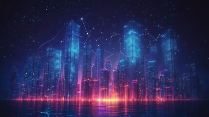 Naklejka premium Futuristic Smart City Skyline with Neon Technology and Dynamic Architecture