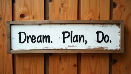 dream plan do is displayed in minimalist lettering on a distressed vintage wood signboard