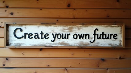 create your own future is displayed in minimalist lettering on a distressed vintage wood signboard