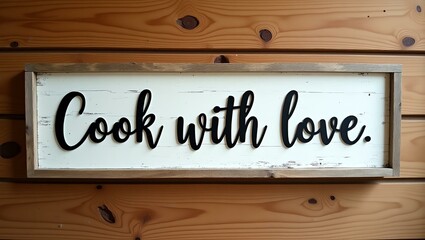 cook with love is displayed in minimalist lettering on a distressed vintage wood signboard