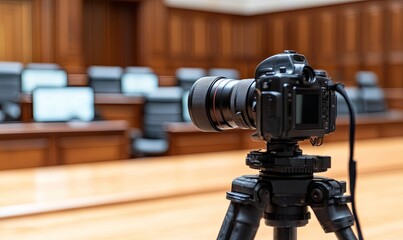Camera records empty courtroom, legal proceedings, journalism, news coverage
