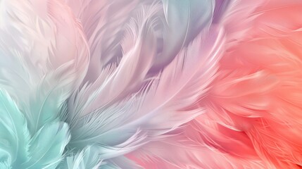 Abstract pastel feathers in coral, turquoise, and lavender swirl gracefully, blending softly for a serene and uplifting backdrop.