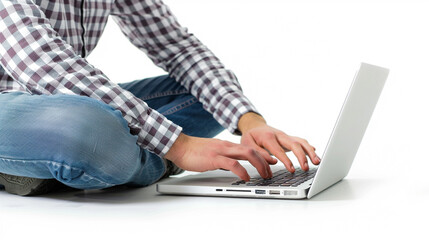 Naklejka premium person with laptop on an isolated white background, object focused, png, stock image, hd quality, 