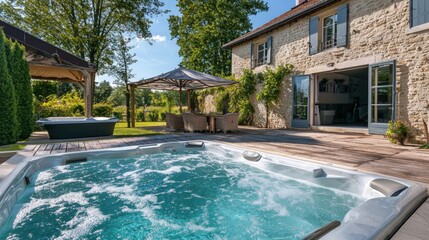 Fototapeta premium Luxury Hot Tub Relaxation on a Sunny Day at a Countryside Estate