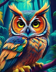 Obraz premium Portrait, a owl in a rainforest, vibrant colours, 3D, acrylic painting