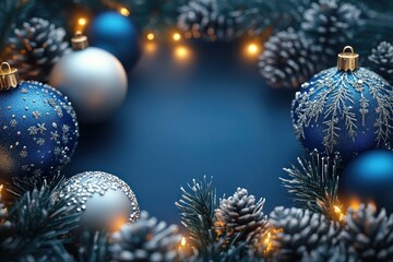 Elegant Blue Christmas Ornament Background with Pine and Fairy Lights for Holiday Cards and Decorations
