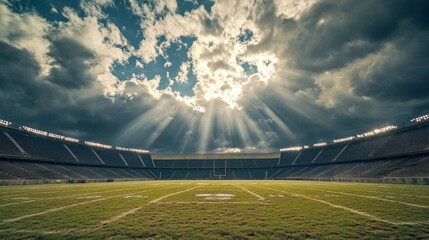 Empty football stadium under dramatic sky, showcasing solitude and anticipation in sports, symbolizing moments of pause before the roar of the crowd returns.