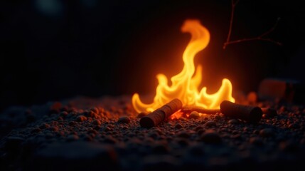 A small fire burns brightly amidst a scattering of dark pebbles, casting an intense orange glow