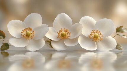 Fototapeta premium Three delicate white flowers with yellow centers and green leaves, reflected in a shiny surface against a soft, blurry gold background.