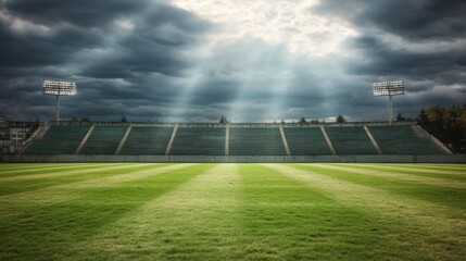 Empty football stadium under dramatic sky, showcasing solitude and anticipation in sports, symbolizing moments of pause before the roar of the crowd returns.