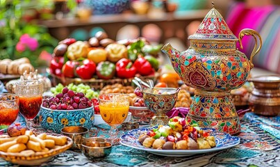 Fototapeta premium Colorful tea party setup with fruits, pastries, & ornate teapot in a vibrant outdoor setting